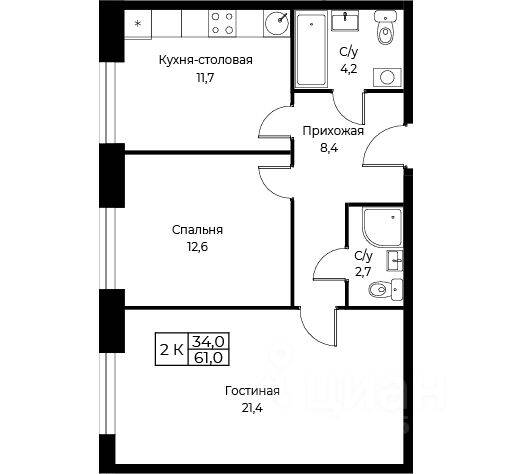 2-комн. квартира, 61 м², в Апарт-комплекс Aist Residence