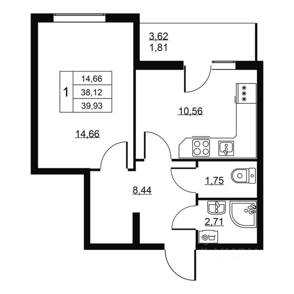 1-комн. квартира, 39,93 м², в ЖК Перспектива