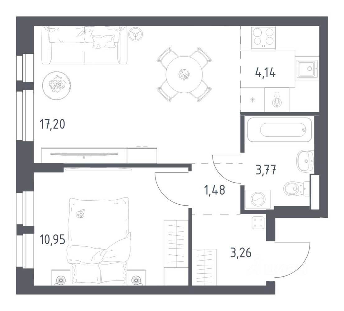1-комн. квартира, 40,8 м², в ЖК Квартал Авиаторов