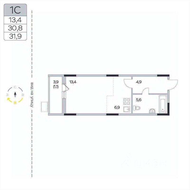Квартира-студия, 31,9 м², в ЖК «Пироговская Ривьера»