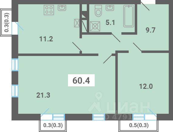 2-комн. квартира, 60,4 м², в Малоэтажный ЖК «Южная Долина»