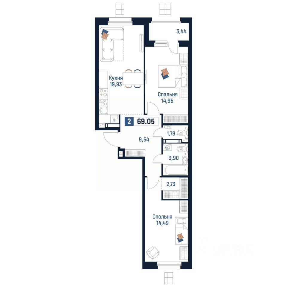 2-комн. квартира, 69,05 м², в ЖК Максималист
