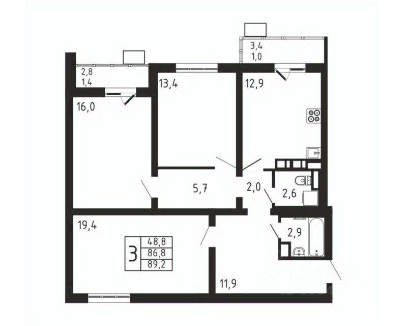 3-комн. квартира, 89,2 м², в ЖК «Пироговская Ривьера»