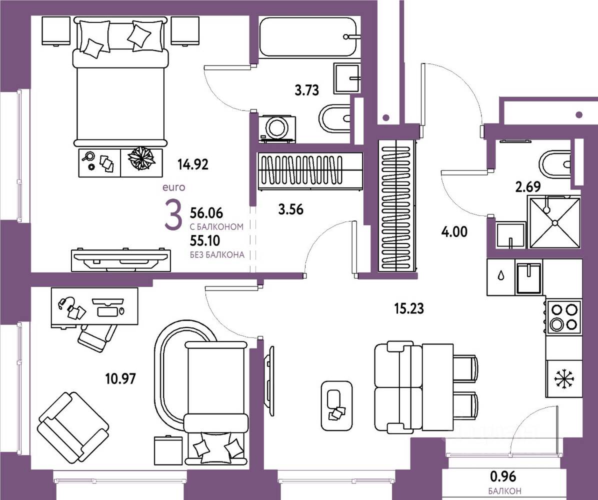 3-комн. квартира, 56,06 м², в ЖК Страна.Парковая