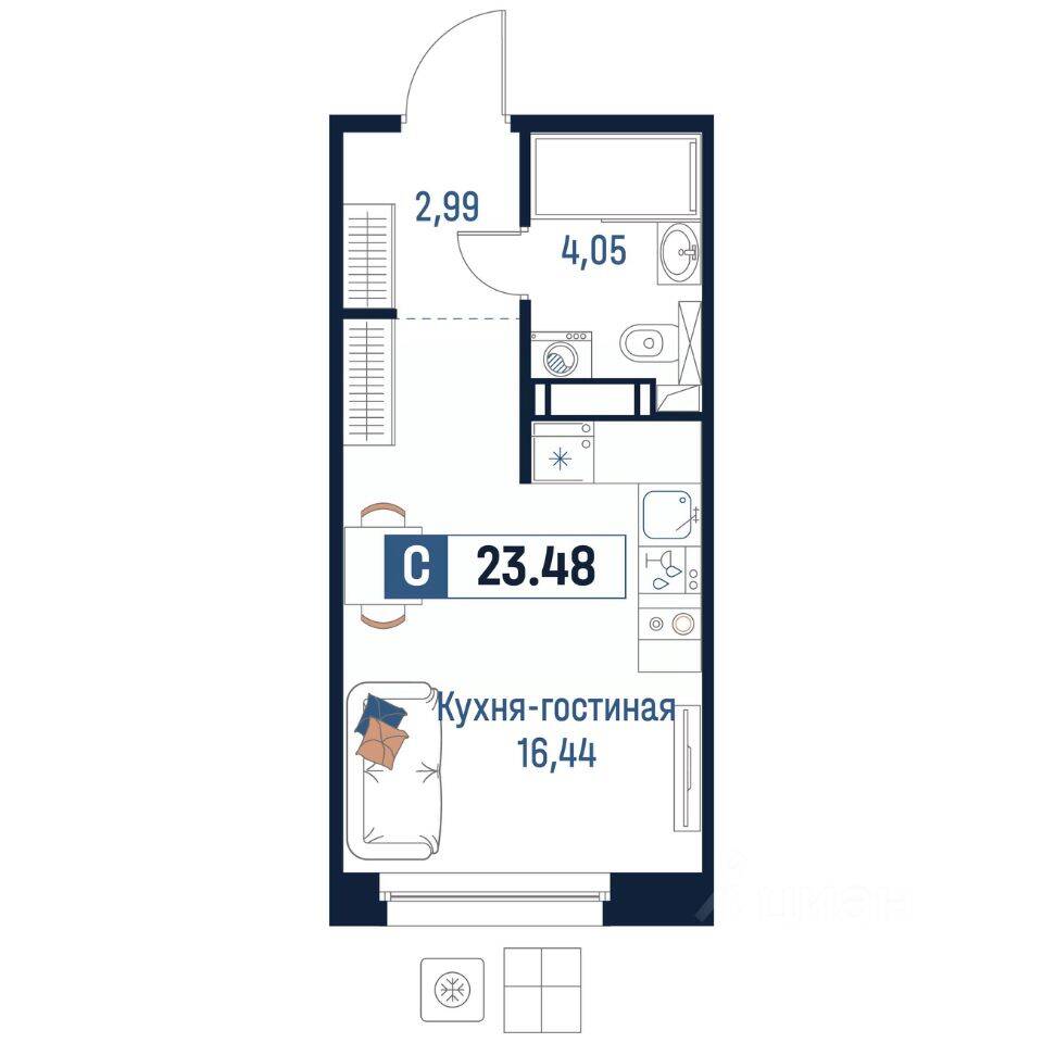 Квартира-студия, 23,48 м², в ЖК Максималист