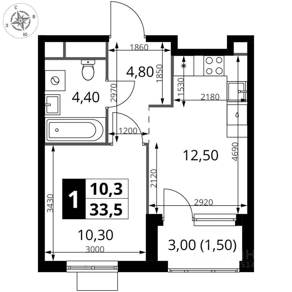 1-комн. квартира, 33,2 м², в ЖК 1-й Химкинский
