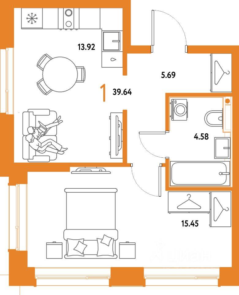 1-комн. квартира, 39,64 м², в ЖК Страна.Парковая