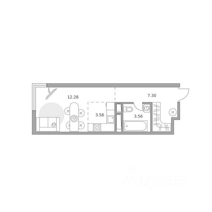 Планировка 1 комнатной квартиры, 26.75 м², в «Аникеевский»