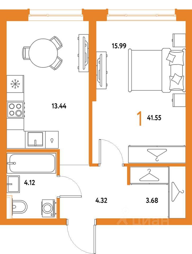 1-комн. квартира, 41,55 м², в ЖК Страна.Парковая