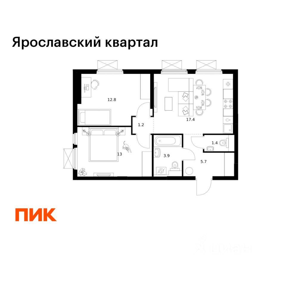 2-комн. квартира, 55,4 м², в ЖК Ярославский квартал