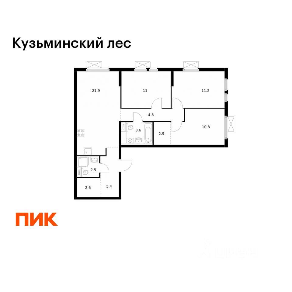 3-комн. квартира, 76,7 м², в ЖК «Кузьминский лес»