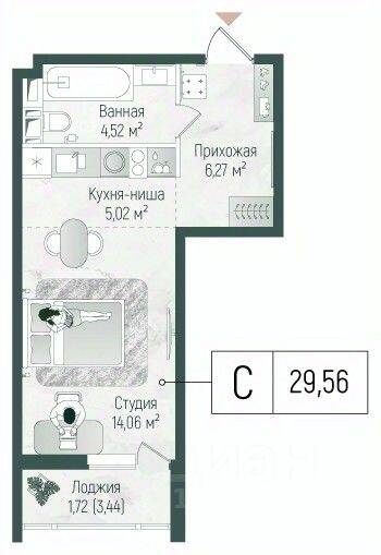 Квартира-студия, 31,28 м², в ЖК Riga Hills