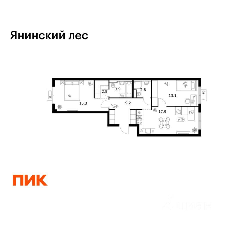 2-комн. квартира, 65 м², в ЖК Янинский лес