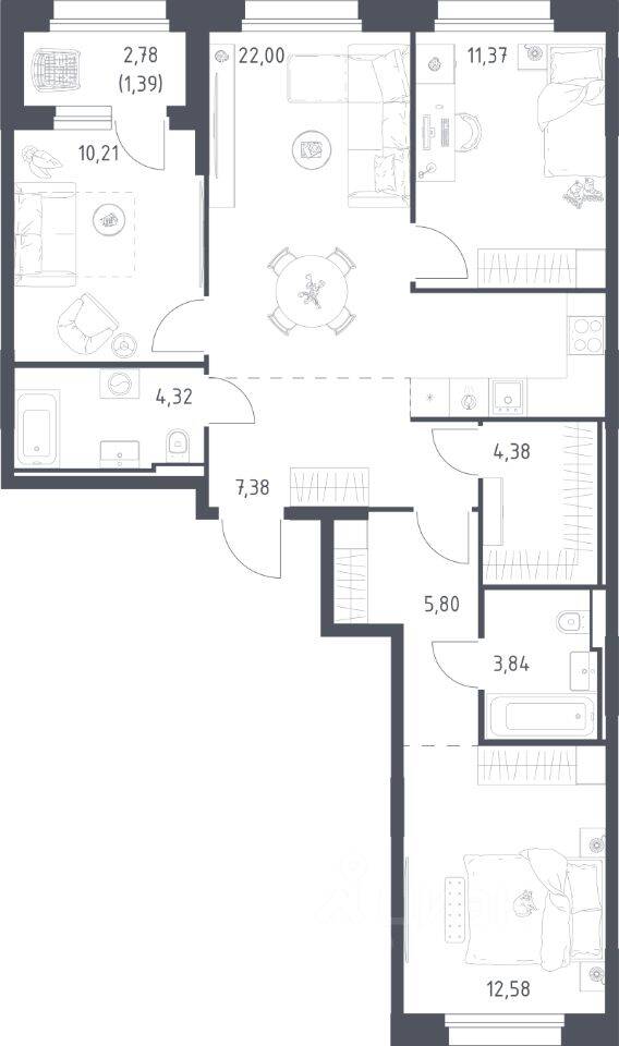 3-комн. квартира, 83,27 м², в ЖК Заречье Парк