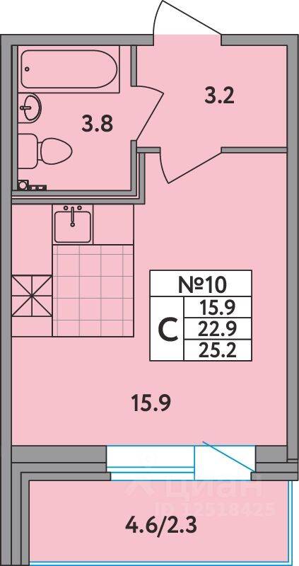 Квартира-студия, 25,2 м², в ЖК Удача