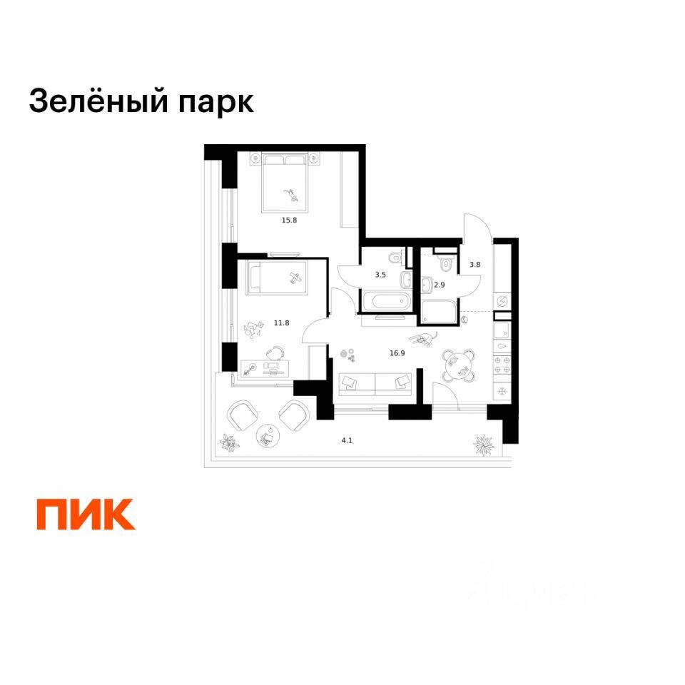 2-комн. квартира, 58,8 м², в ЖК Зеленый парк