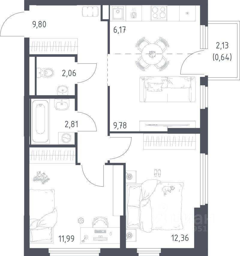 2-комн. квартира, 55,61 м², в ЖК «Остафьево»