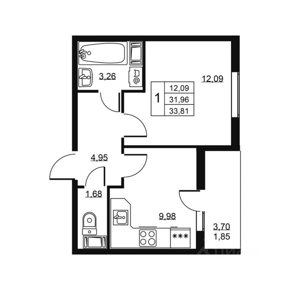 Планировка 1 комнатной квартиры, 33.81 м², в «Высота (Бугры)»