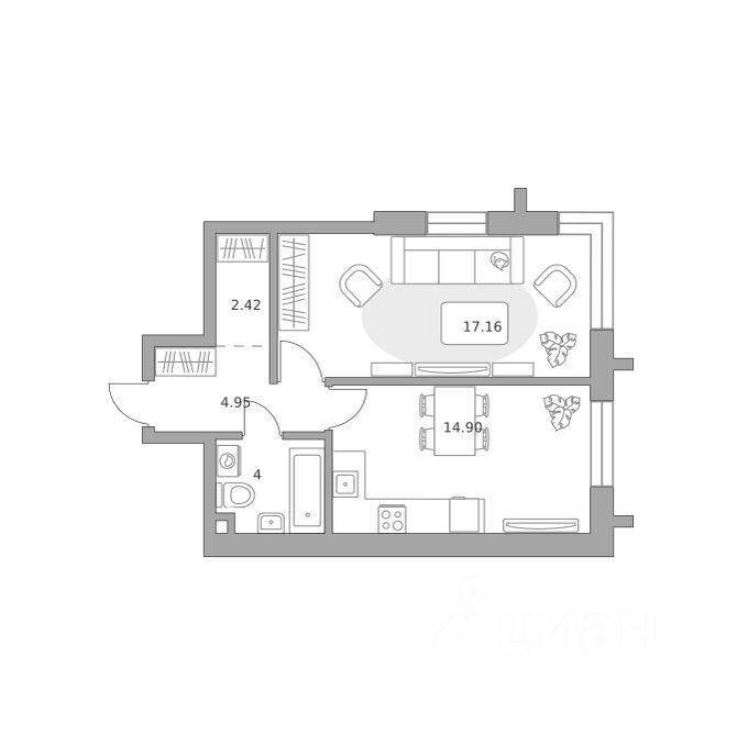 1-комн. квартира, 43,43 м², в ЖК «Дубровка от Гранель»