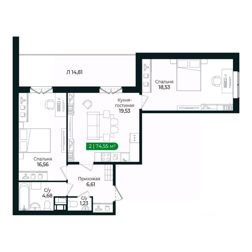 2-комн. квартира, 66,4 м², в ЖК Sertolovo Park
