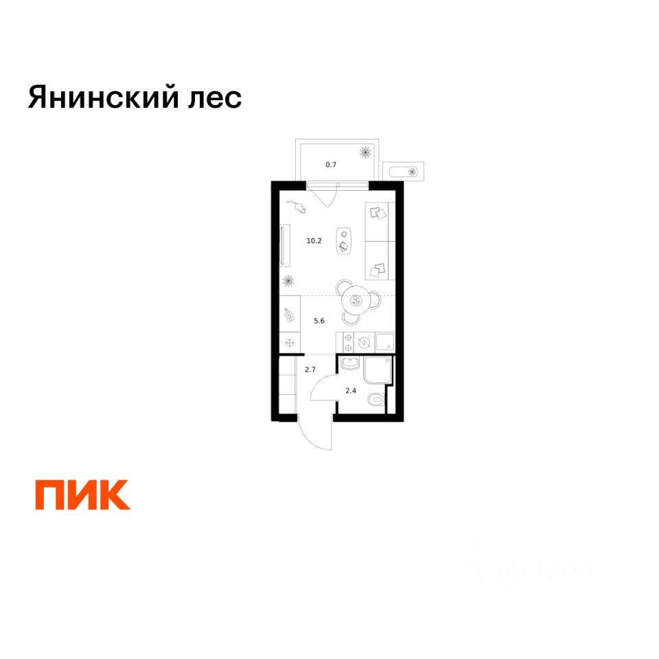 Квартира-студия, 21,6 м², в ЖК Янинский лес