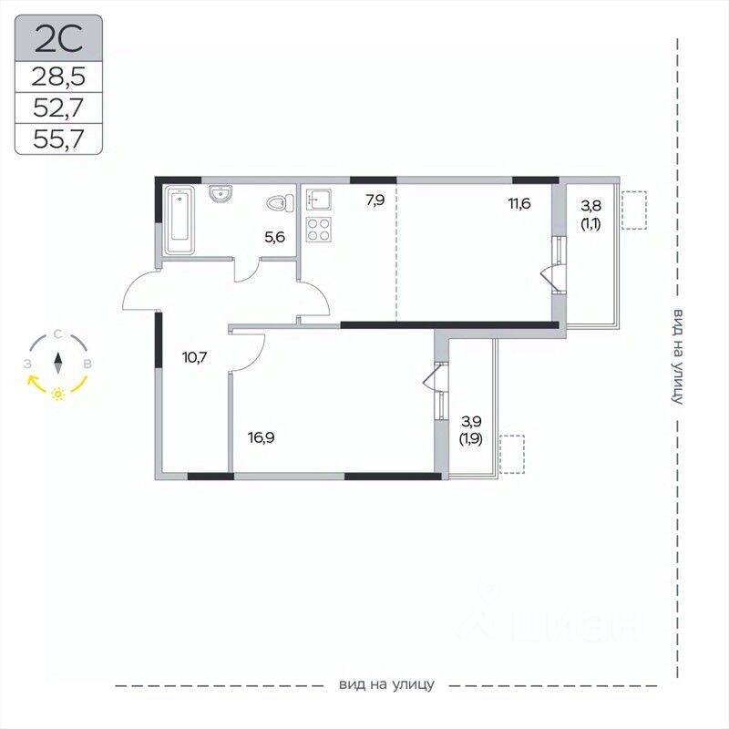 2-комн. квартира, 55,7 м², в ЖК «Пироговская Ривьера»