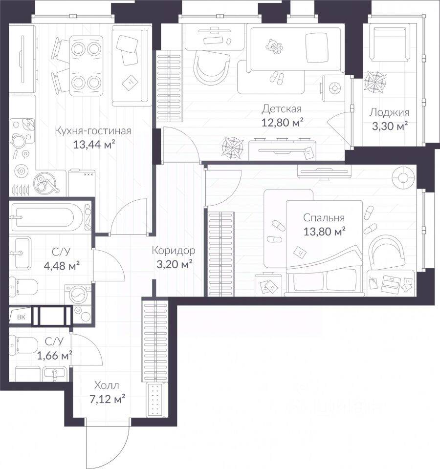 2-комн. квартира, 58,15 м², в ЖК ВЕРЕН НОРТ Сертолово
