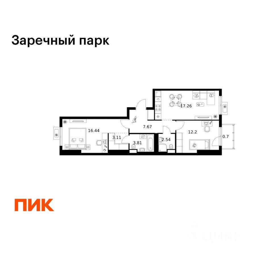 2-комн. квартира, 63,73 м², в ЖК Заречный парк
