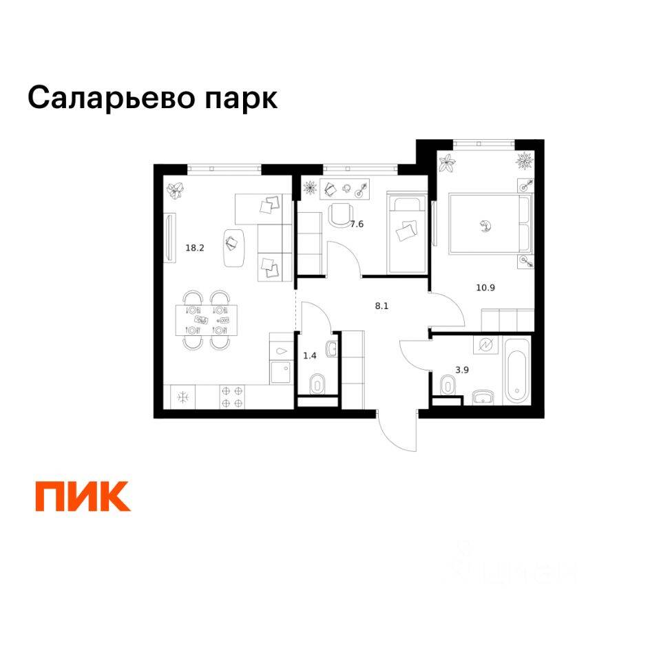 2-комн. квартира, 50,1 м², в ЖК «Саларьево парк»
