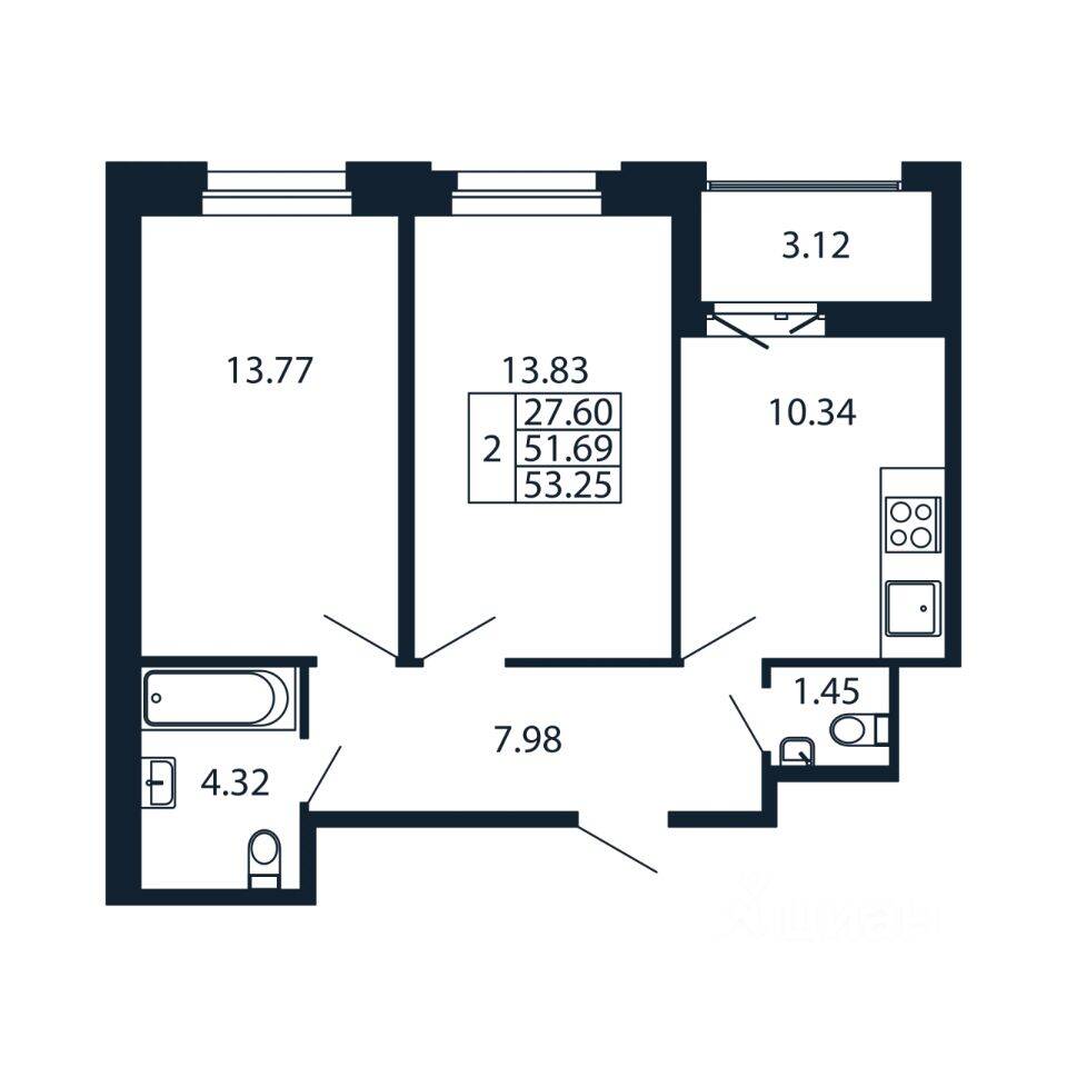 2-комн. квартира, 52,66 м², в ЖК Полис Новоселье