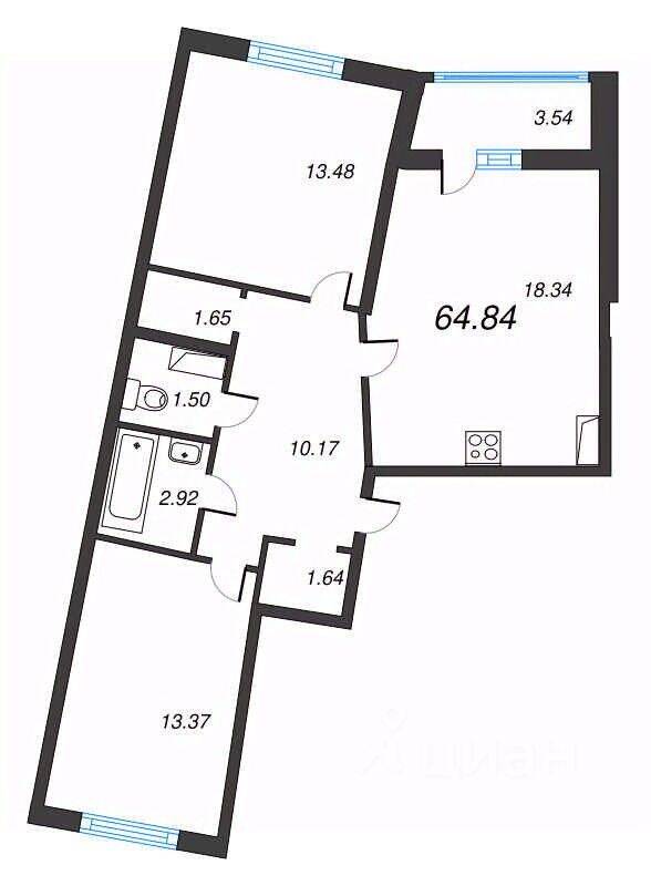 3-комн. квартира, 64,84 м², в ЖК Левитан