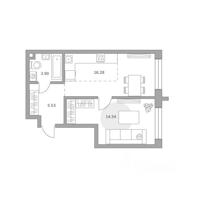 Планировка 1 комнатной квартиры, 40.25 м², в «Дубровка от Гранель»