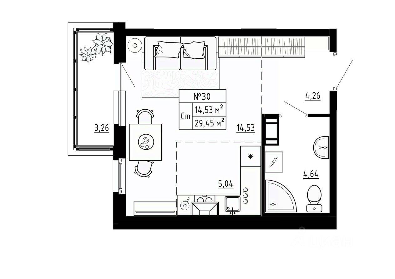 Квартира-студия, 29,45 м², в Малоэтажный ЖК Аннино Сити