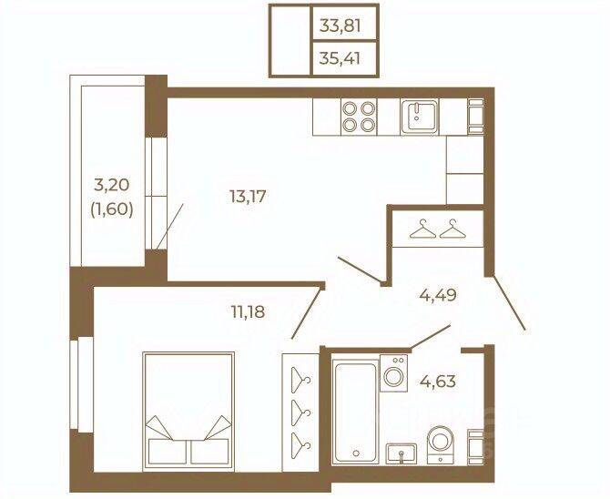 Планировка 1 комнатной квартиры, 35.41 м², в «Новая история»