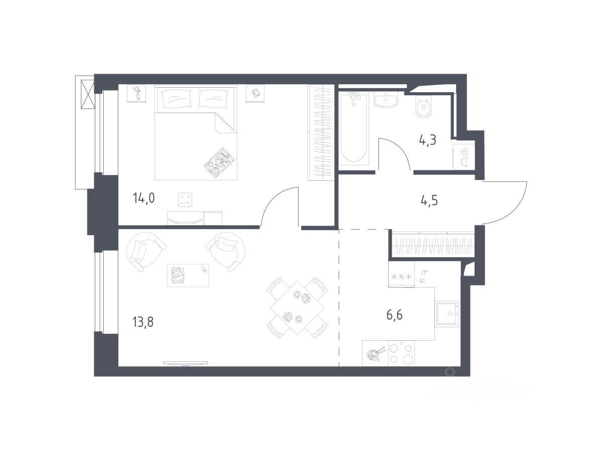 1-комн. квартира, 43,06 м², в Апарт-комплекс Верейская 41