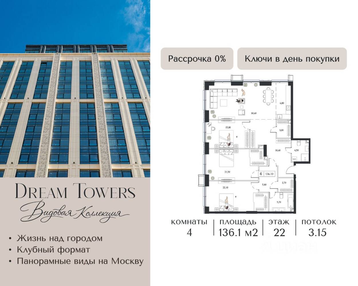 4-комн. квартира, 136,1 м², в ЖК Dream Towers