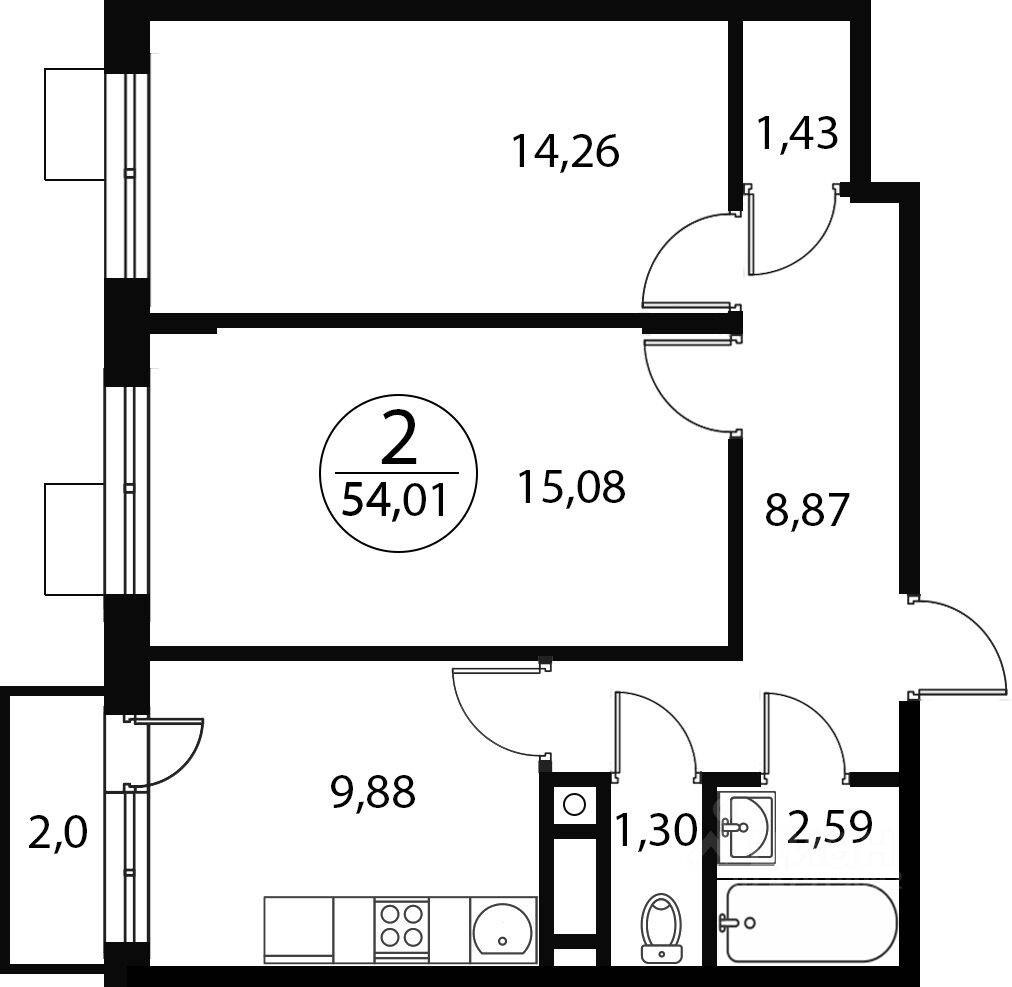 2-комн. квартира, 54,99 м², в ЖК «Катуар»