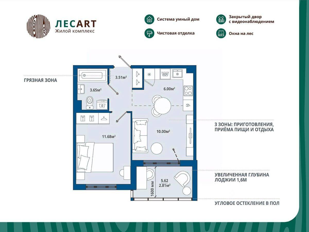 1-комн. квартира, 37,65 м², в ЖК ЛесART
