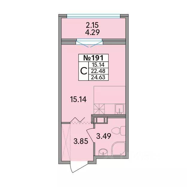 Планировка 1 комнатной квартиры, 24.63 м², в «Рождественский квартал»