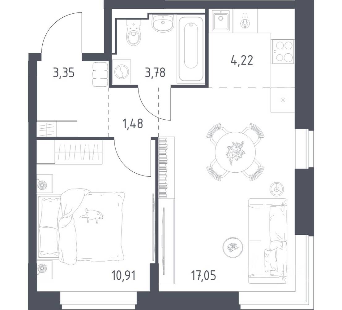 1-комн. квартира, 40,79 м², в ЖК Богдановский Лес