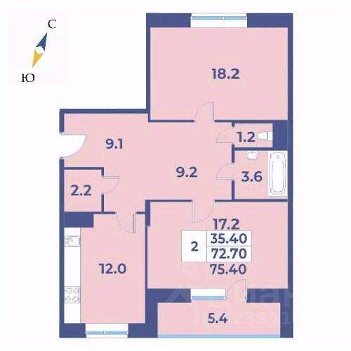 2-комн. квартира, 75,4 м², в ЖК «Эдельвейс» (ЦентрСтрой)
