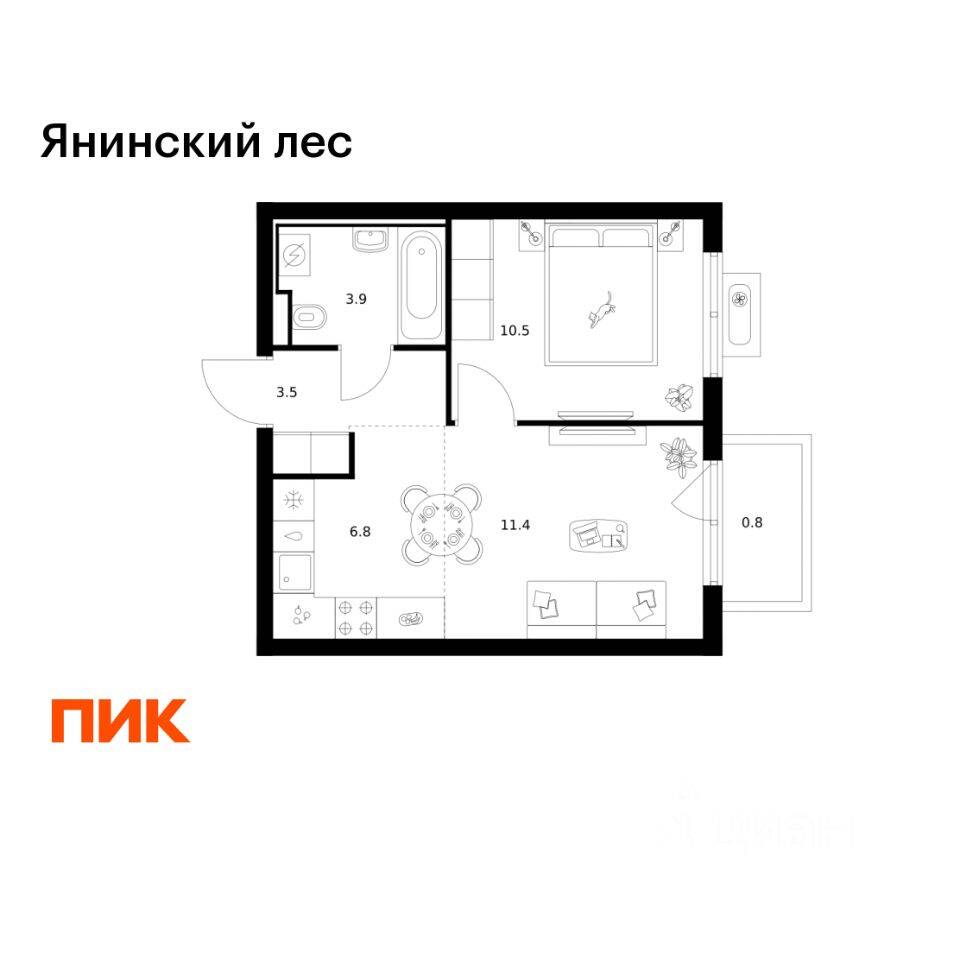 1-комн. квартира, 36,9 м², в ЖК Янинский лес