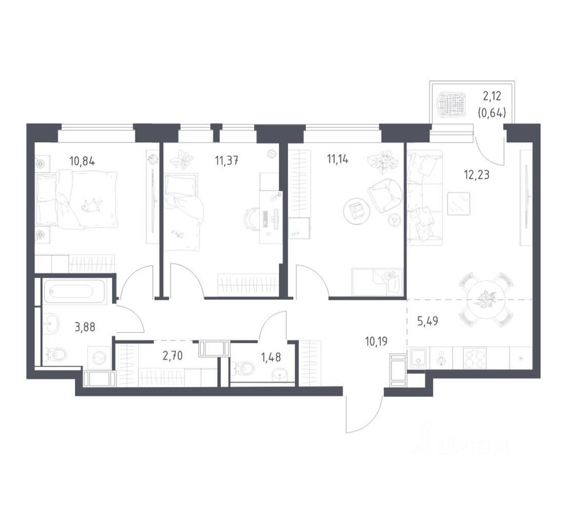 3-комн. квартира, 69,96 м², в ЖК «Большое Путилково»