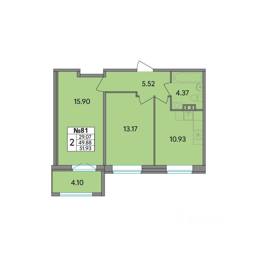 2-комн. квартира, 51,94 м², в ЖК Рождественский квартал