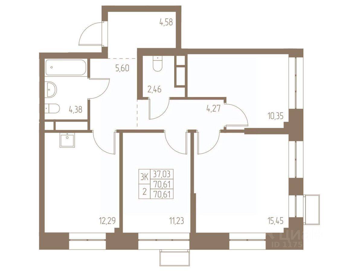 3-комн. квартира, 70,61 м², в ЖК Фабрикант