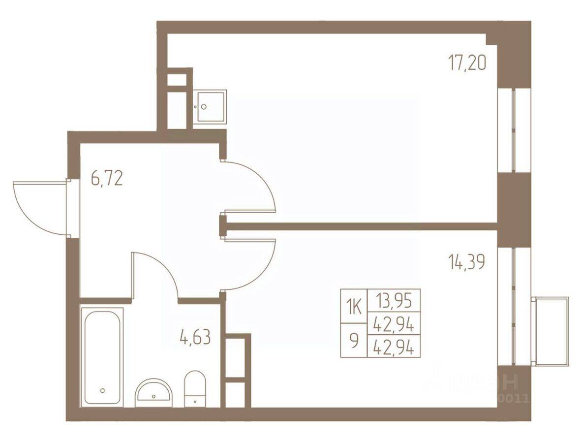 1-комн. квартира, 42,94 м², в ЖК Фабрикант
