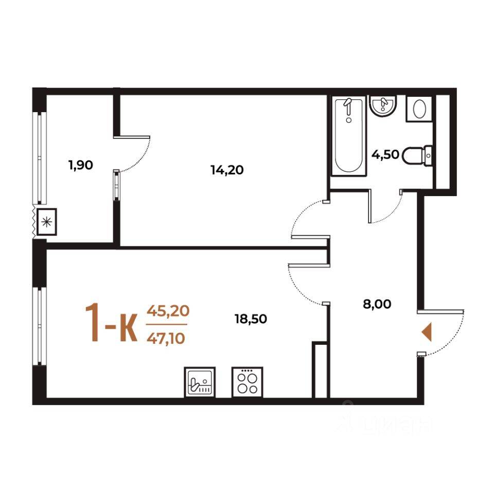 Планировка 1 комнатной квартиры, 47.1 м², в «Новое Летово»