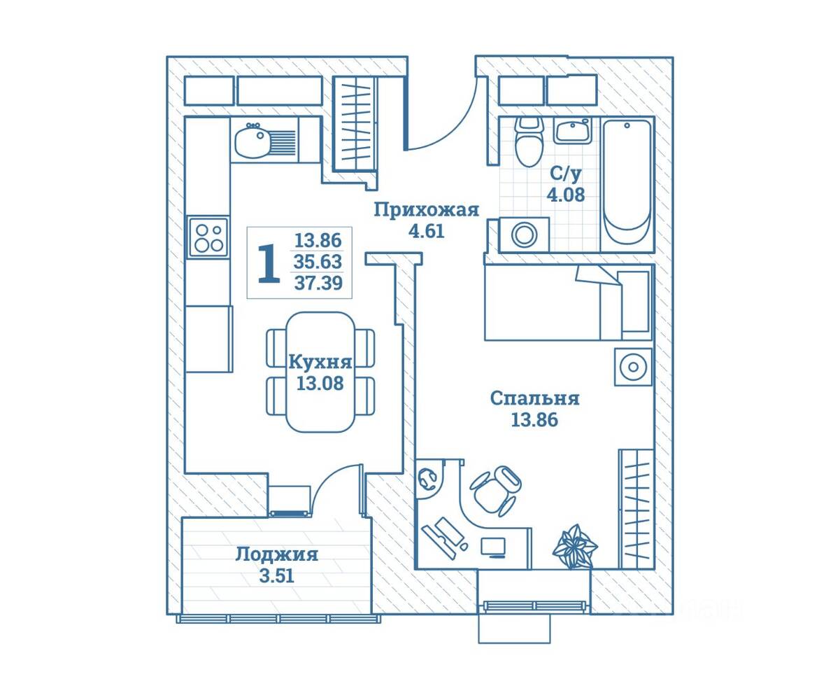 1-комн. квартира, 37,39 м², в ЖК Новоград Монино