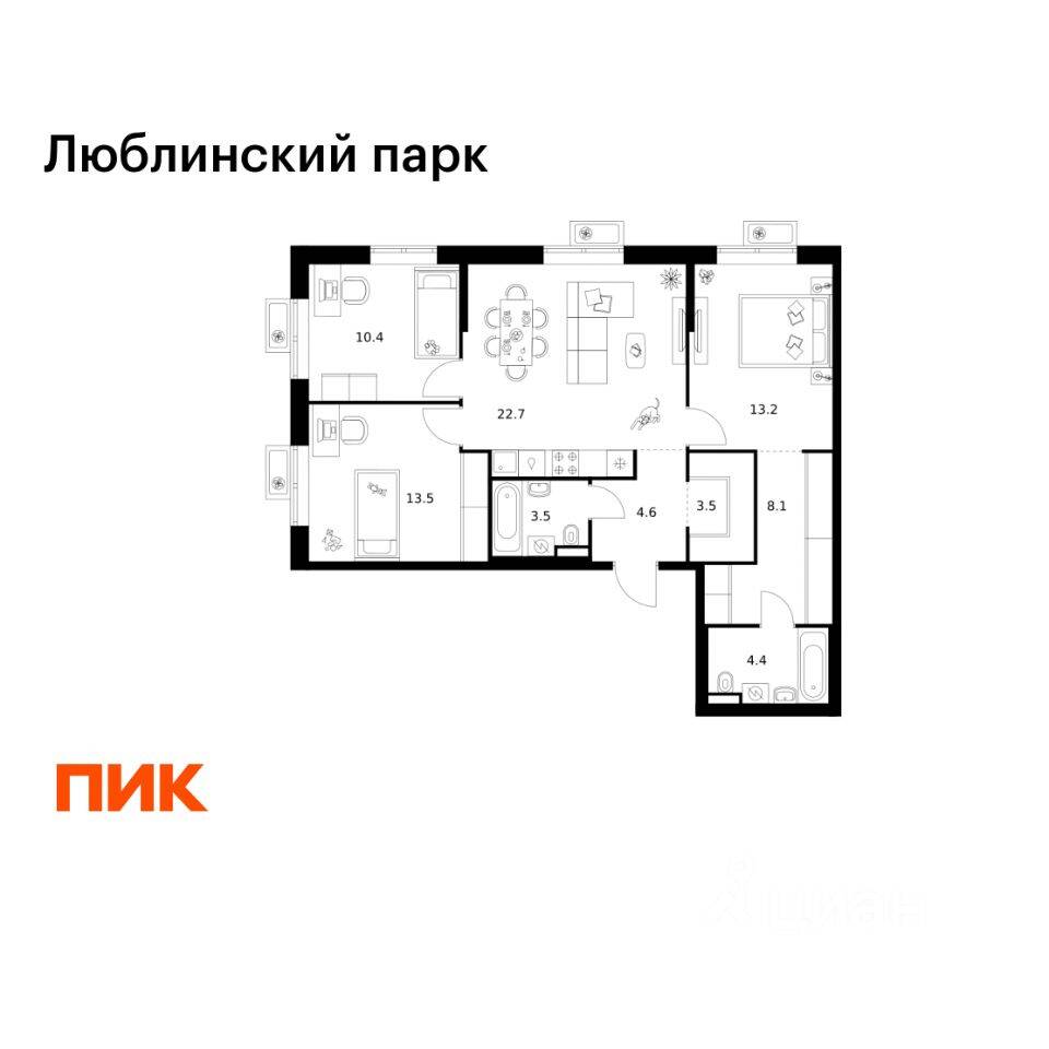 3-комн. квартира, 83,9 м², в ЖК «Люблинский парк»