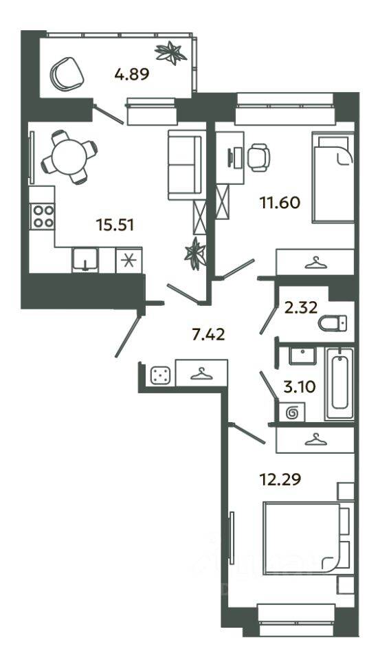 2-комн. квартира, 52,24 м², в ЖК Загляденье